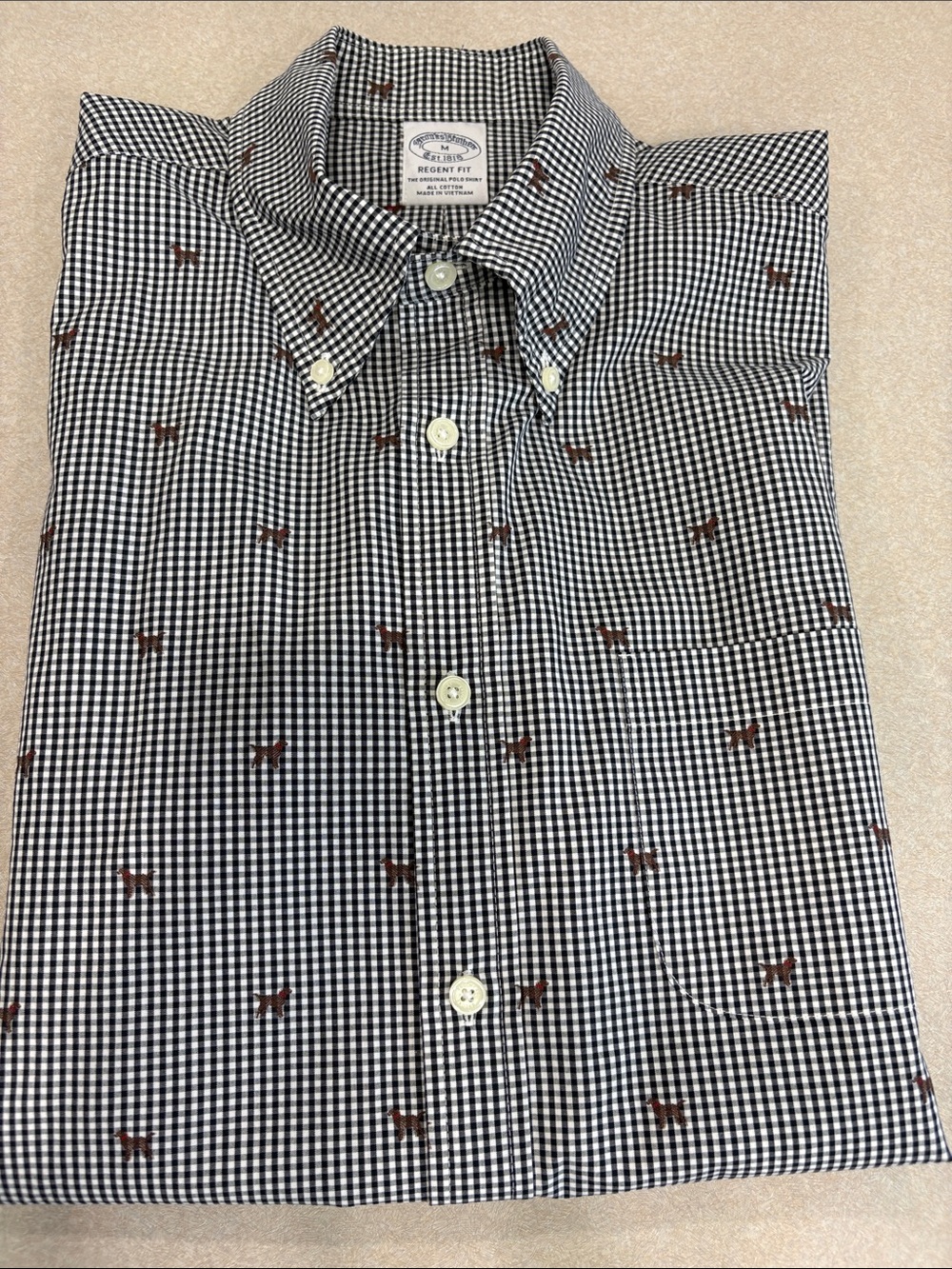 Brooks Brothers Black-and-White  Button-Down Shirt with Brown Dog Embroidery
